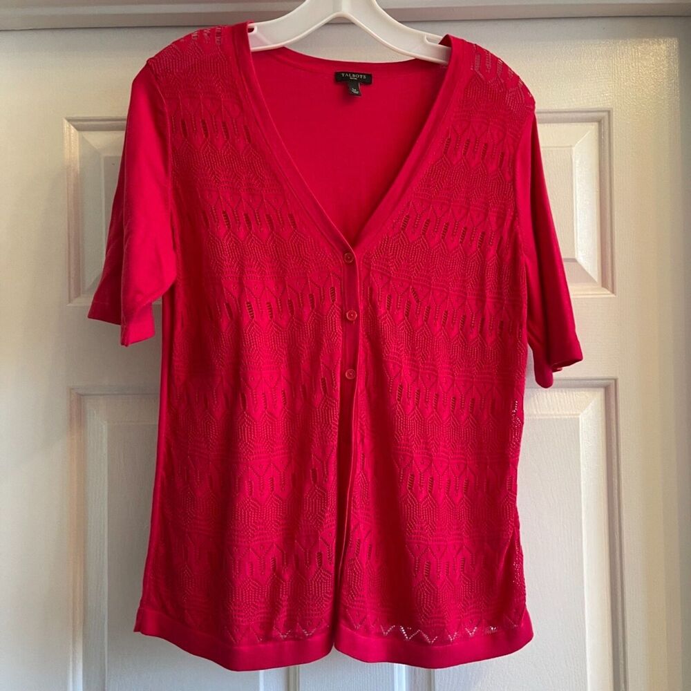 PL Talbots Hot Pink V-Neck Lace-Front Short-Sleeve Cardigan